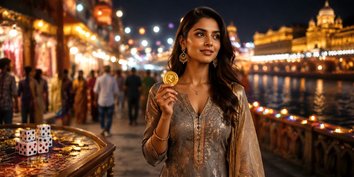 Indian player engaging in dice game on mobile at riverfront