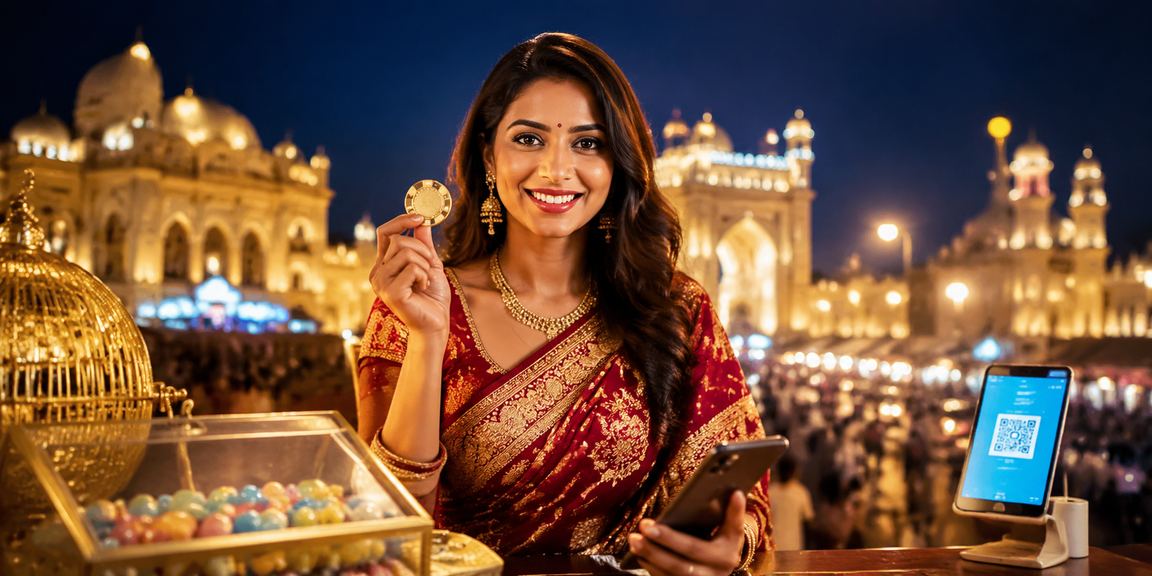 Indian woman using mobile device for online betting safely